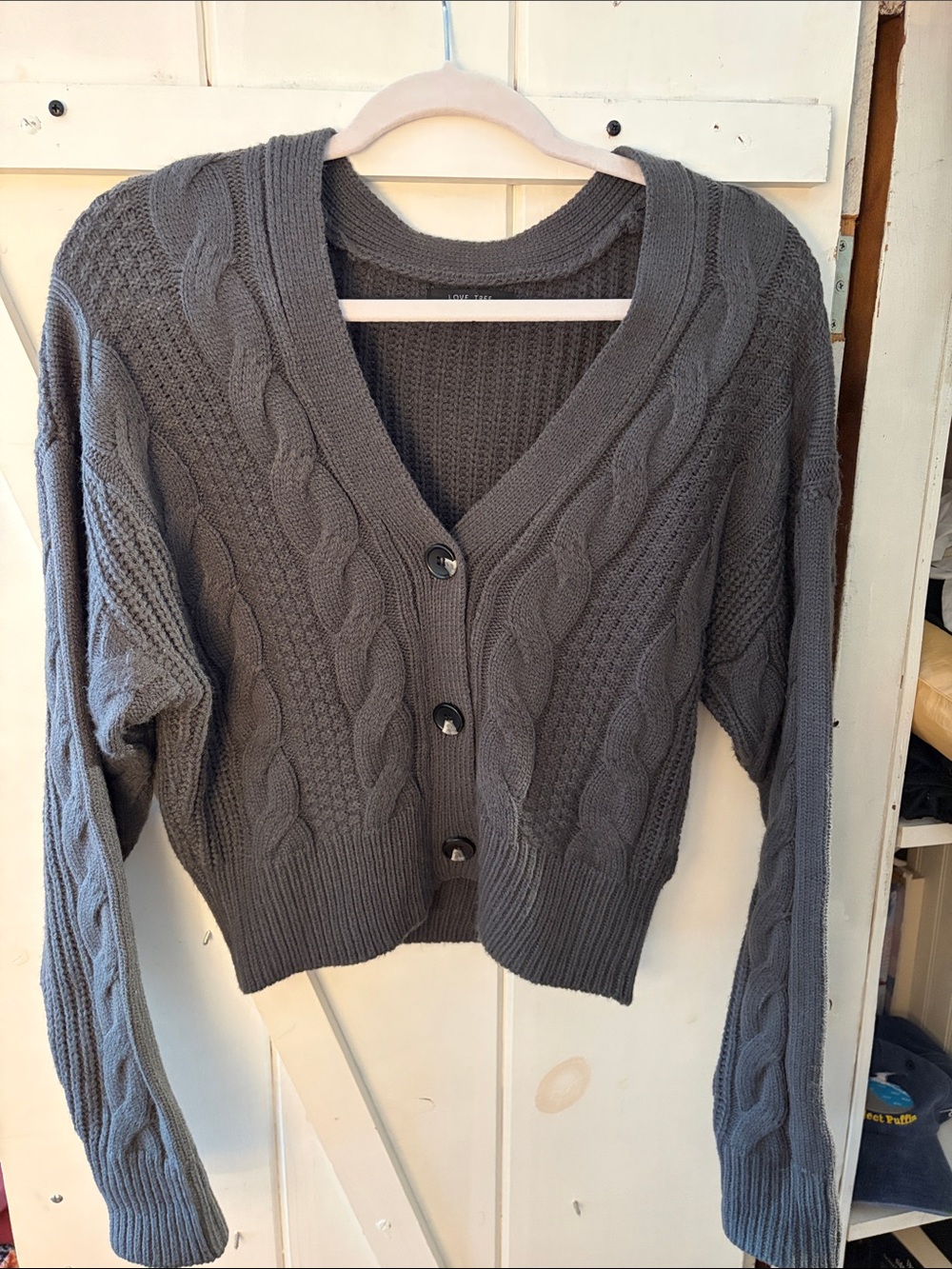 Love Tree Cable Knit V-Neck Cardigan - Gray